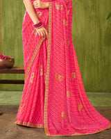 Vishal Prints Dark Pink Printed Chiffon Saree With Foil Print And Zari Border