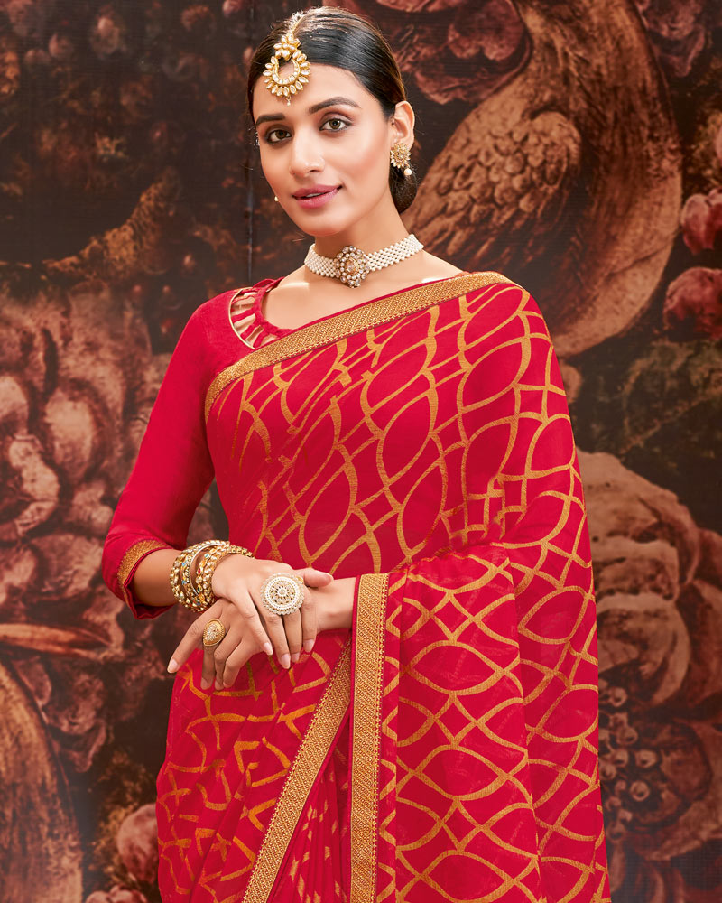 Vishal Prints Cherry Red Printed Brasso Saree With Zari Border