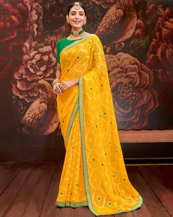 Vishal Prints Yellow Printed Brasso Saree With Zari Border