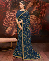 Vishal Prints Dark Navy Blue Printed Brasso Saree With Zari Border