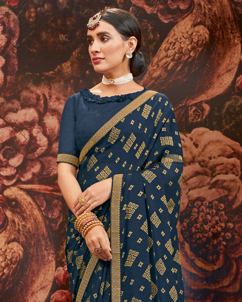 Vishal Prints Dark Navy Blue Printed Brasso Saree With Zari Border