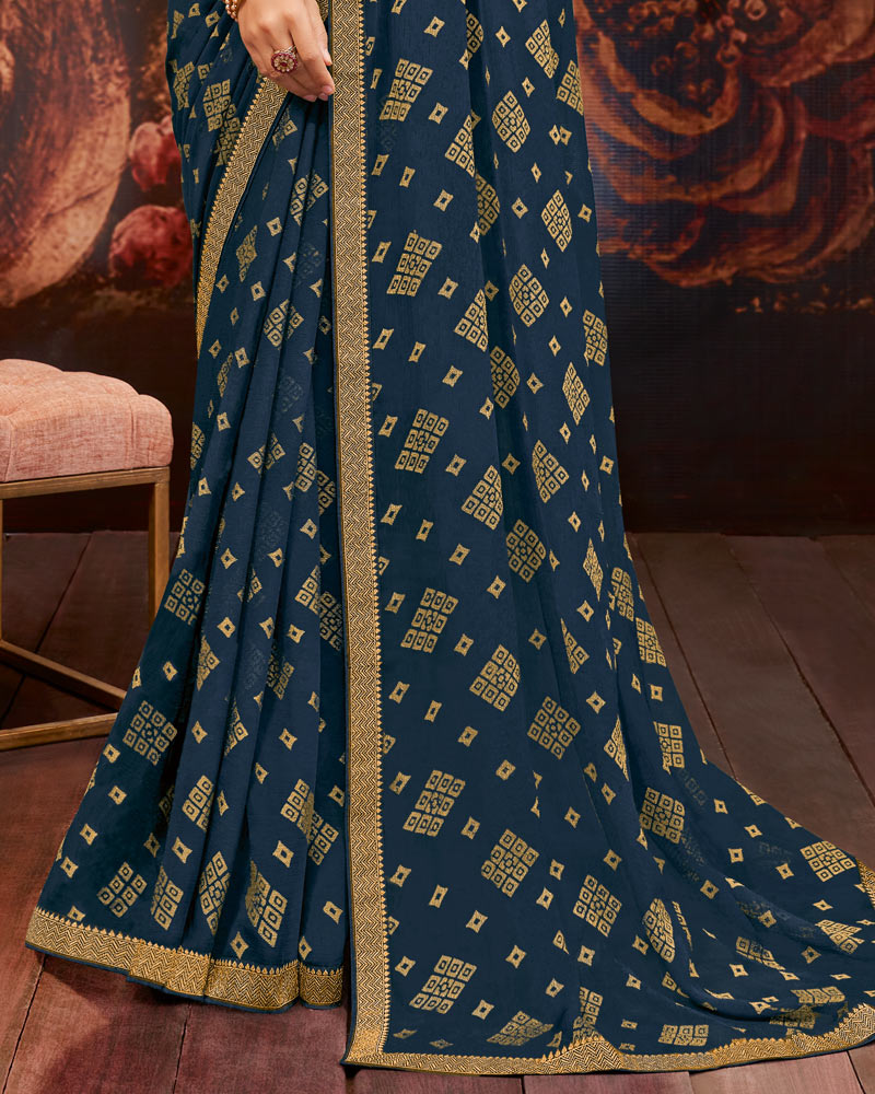 Vishal Prints Dark Navy Blue Printed Brasso Saree With Zari Border