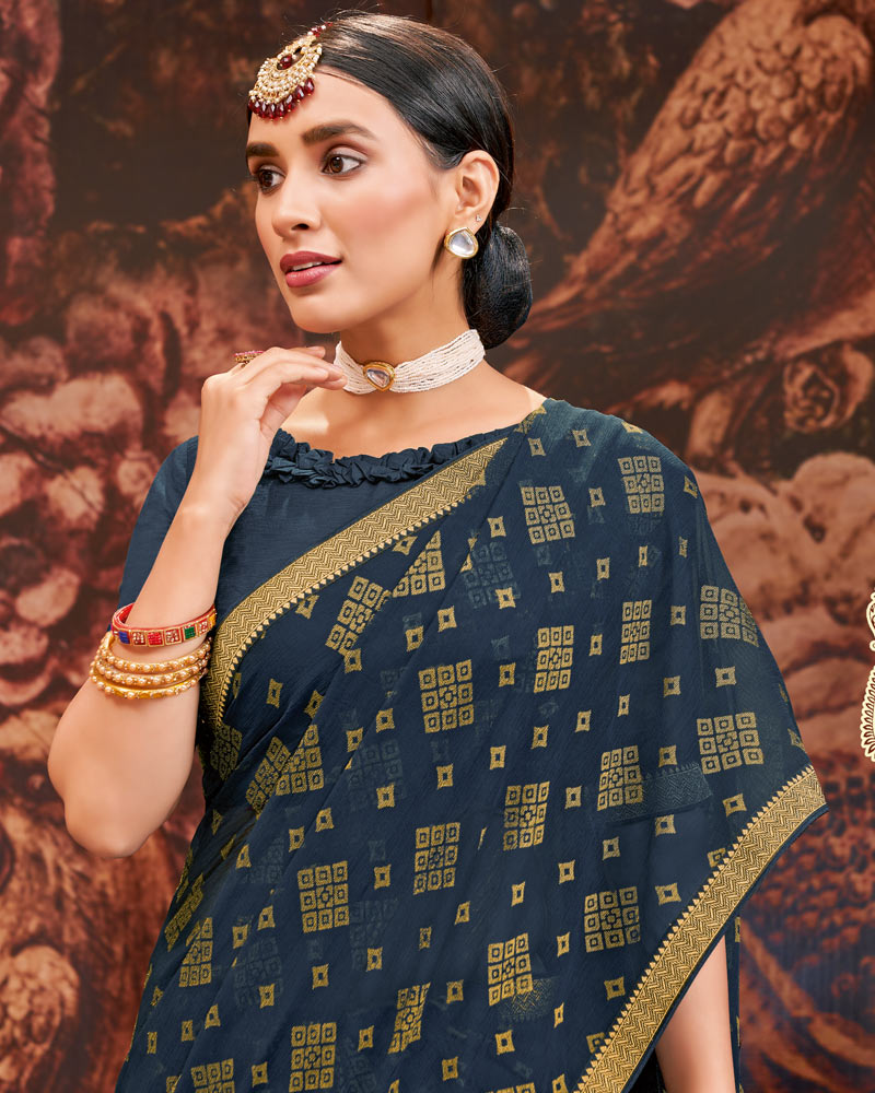 Vishal Prints Dark Navy Blue Printed Brasso Saree With Zari Border