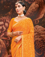 Vishal Prints Yellowish Orange Printed Brasso Saree With Zari Border