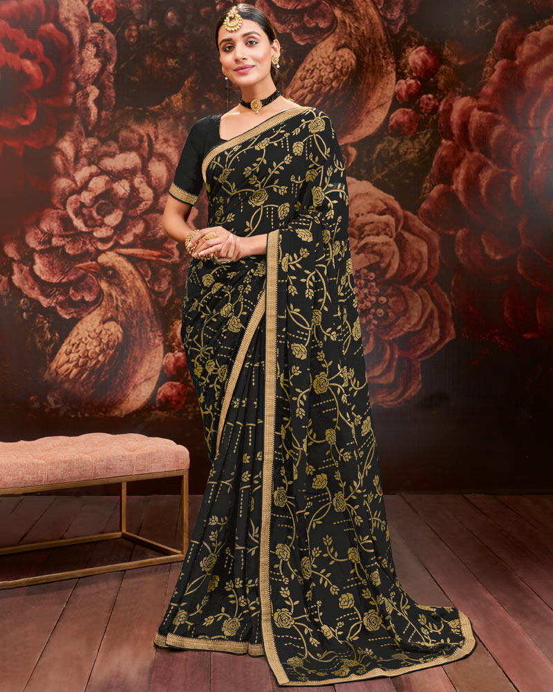 Vishal Prints Black Printed Brasso Saree With Zari Border