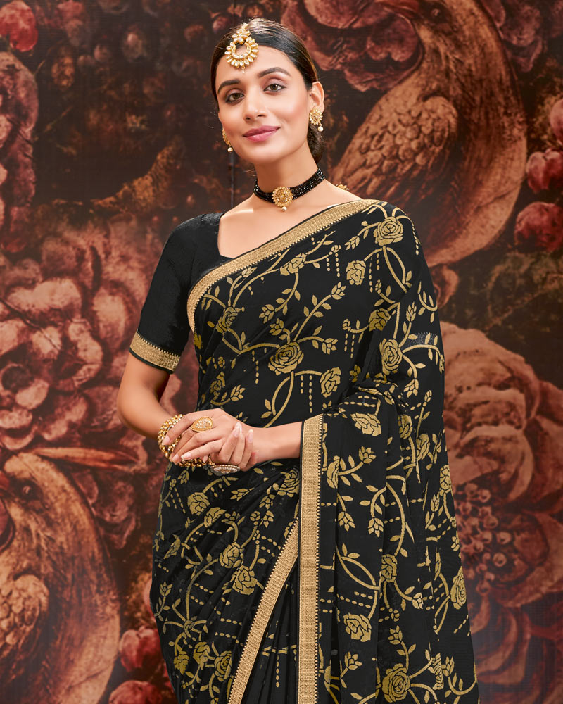 Vishal Prints Black Printed Brasso Saree With Zari Border