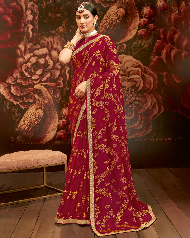 Vishal Prints Dark Red Printed Brasso Saree With Zari Border