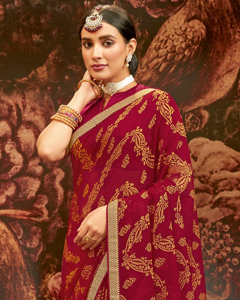 Vishal Prints Dark Red Printed Brasso Saree With Zari Border