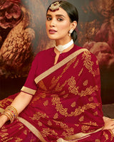 Vishal Prints Dark Red Printed Brasso Saree With Zari Border