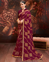 Vishal Prints Wine Printed Brasso Saree With Zari Border