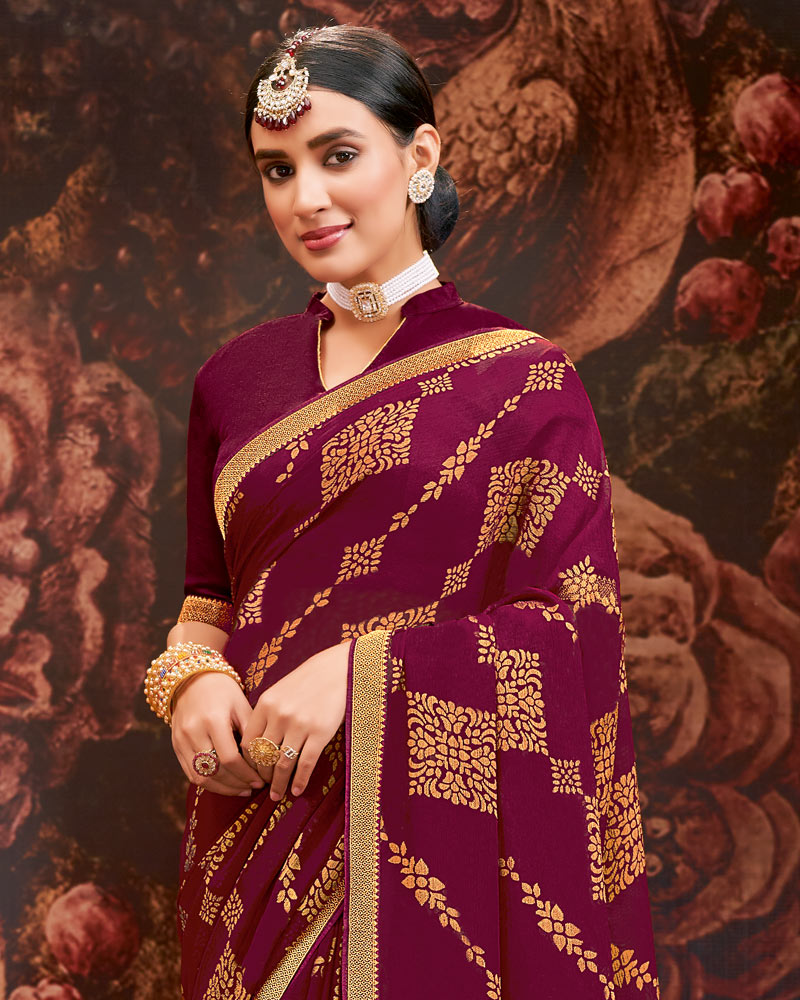 Vishal Prints Wine Printed Brasso Saree With Zari Border