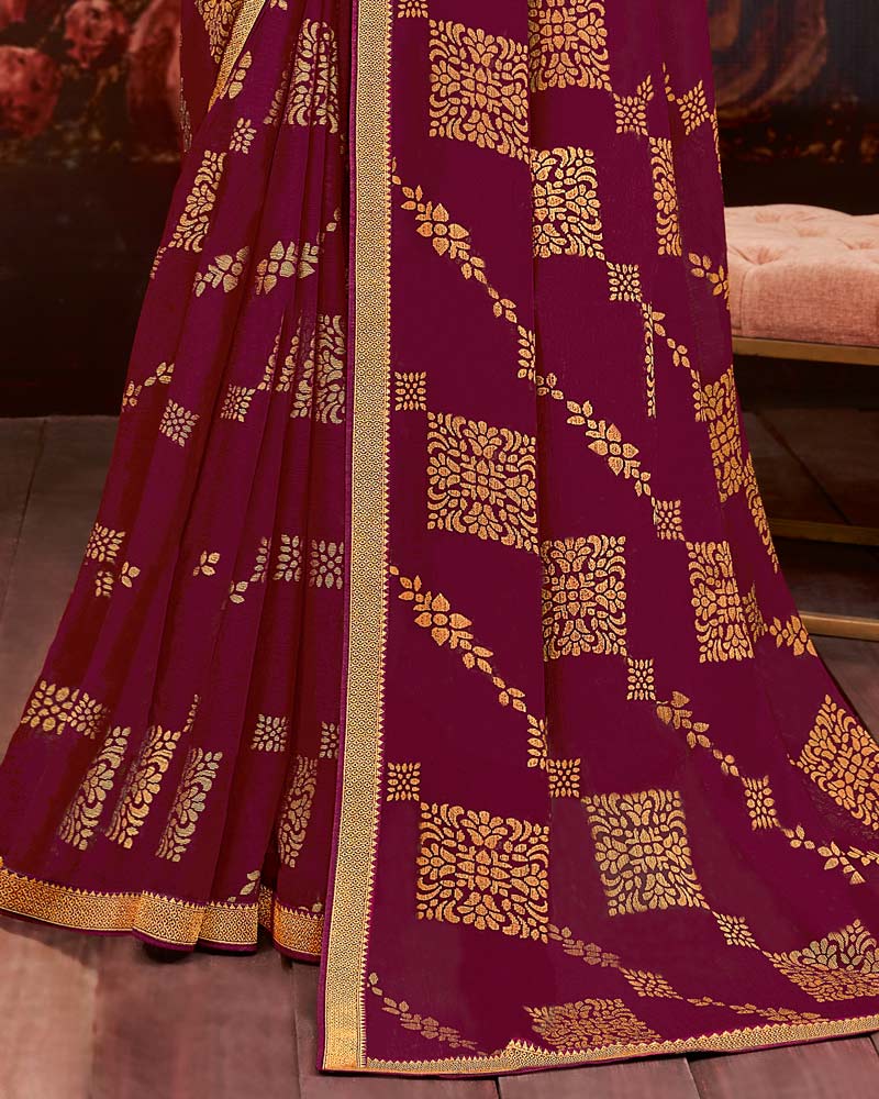 Vishal Prints Wine Printed Brasso Saree With Zari Border