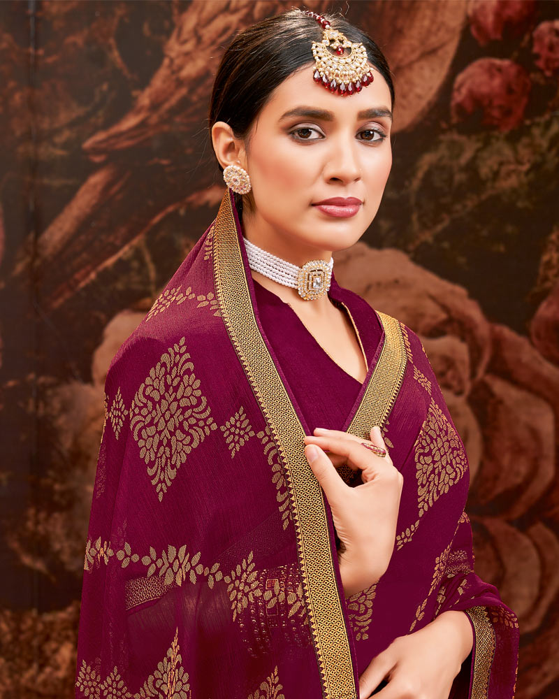 Vishal Prints Wine Printed Brasso Saree With Zari Border