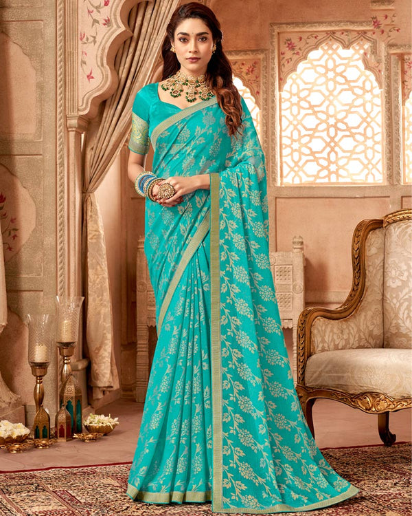 Vishal Prints Teal Blue Chiffon Brasso Saree With Zari Border