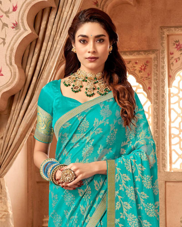 Vishal Prints Teal Blue Chiffon Brasso Saree With Zari Border