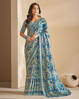 Vishal Prints Dusty Blue Printed Chiffon Saree With Fancy Border