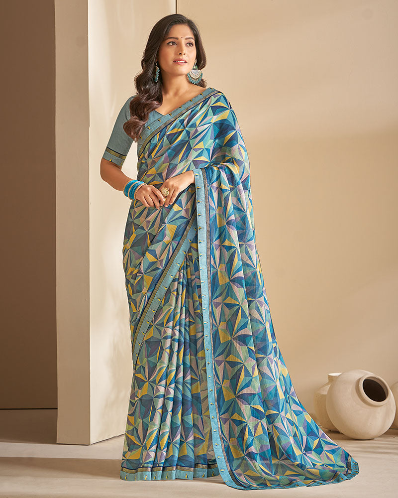 Vishal Prints Dusty Blue Printed Chiffon Saree With Fancy Border