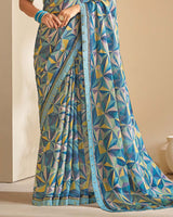 Vishal Prints Dusty Blue Printed Chiffon Saree With Fancy Border