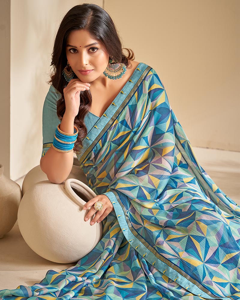 Vishal Prints Dusty Blue Printed Chiffon Saree With Fancy Border