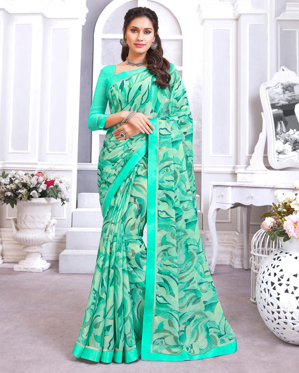 Vishal Prints Turquoise Printed Chiffon Saree With Fancy Border