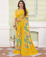 Vishal Prints Dark Yellow Designer Digital Print Georgette Saree With Embroidery-Diamond Work