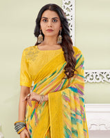 Vishal Prints Dark Yellow Designer Digital Print Georgette Saree With Embroidery-Diamond Work