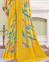 Vishal Prints Dark Yellow Designer Digital Print Georgette Saree With Embroidery-Diamond Work