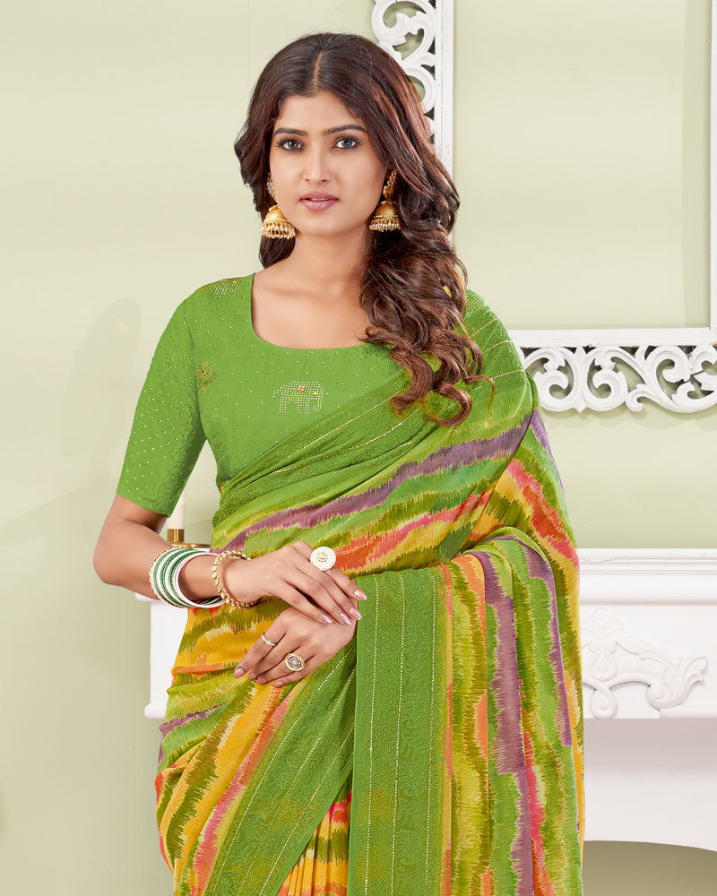 Vishal Prints Chelsea Cucumber Green Designer Digital Print Georgette Saree With Embroidery-Diamond Work