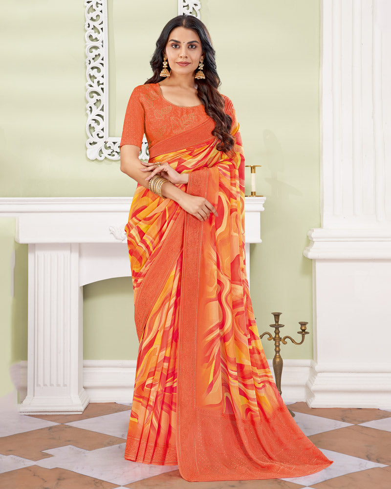 Vishal Prints Sunset Orange Designer Digital Print Georgette Saree With Embroidery-Diamond Work