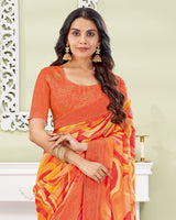 Vishal Prints Sunset Orange Designer Digital Print Georgette Saree With Embroidery-Diamond Work