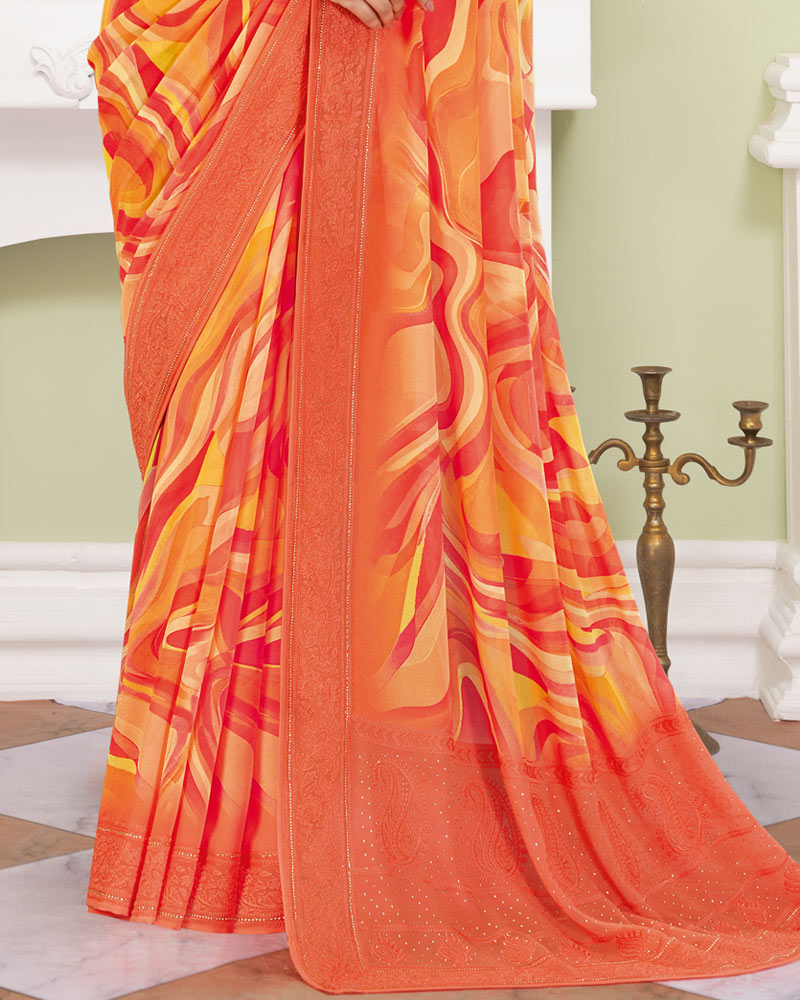 Vishal Prints Sunset Orange Designer Digital Print Georgette Saree With Embroidery-Diamond Work