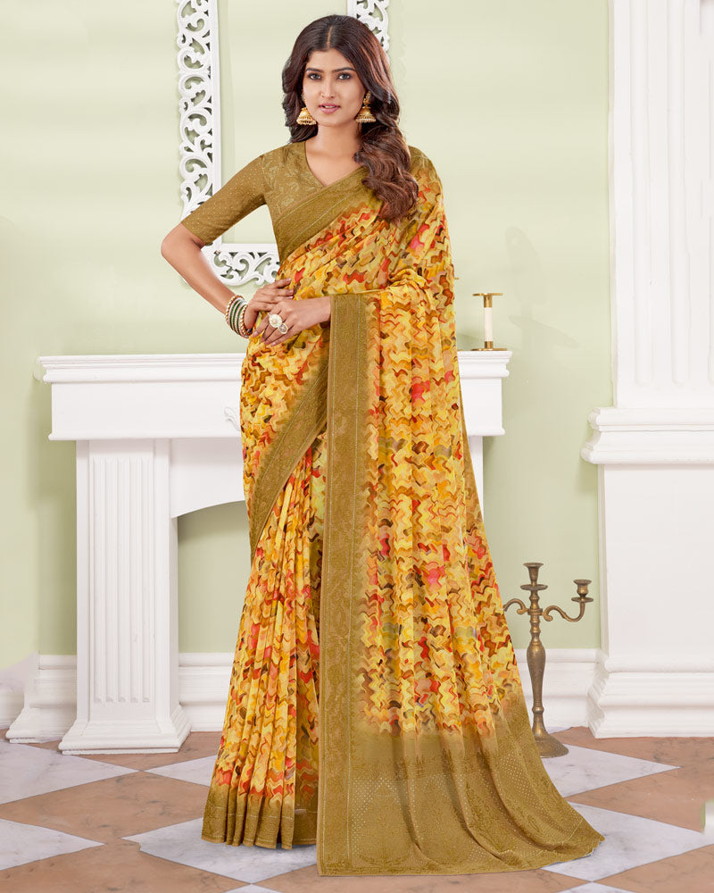 Vishal Prints Dark Sand Designer Digital Print Georgette Saree With Embroidery-Diamond Work