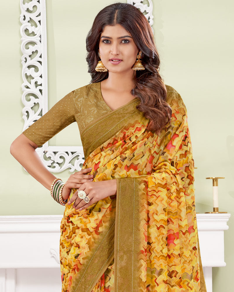 Vishal Prints Dark Sand Designer Digital Print Georgette Saree With Embroidery-Diamond Work