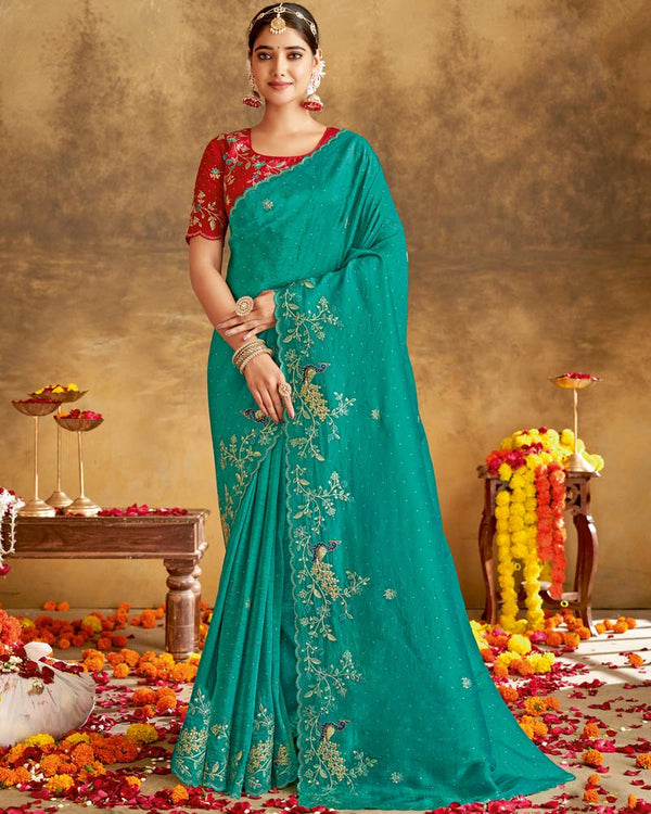 Vishal Prints Teal Green Designer Crushed Tissue Saree With Embroidery-Diamond Work And Cut Work Border