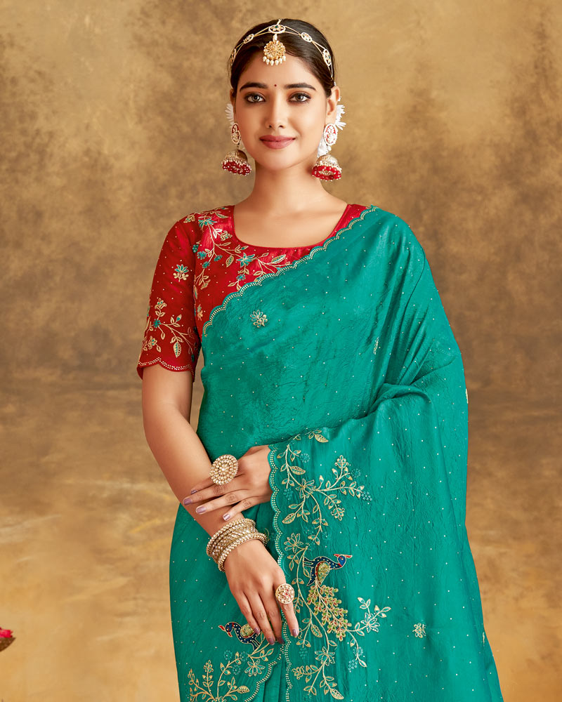 Vishal Prints Teal Green Designer Crushed Tissue Saree With Embroidery-Diamond Work And Cut Work Border