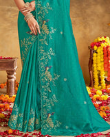 Vishal Prints Teal Green Designer Crushed Tissue Saree With Embroidery-Diamond Work And Cut Work Border