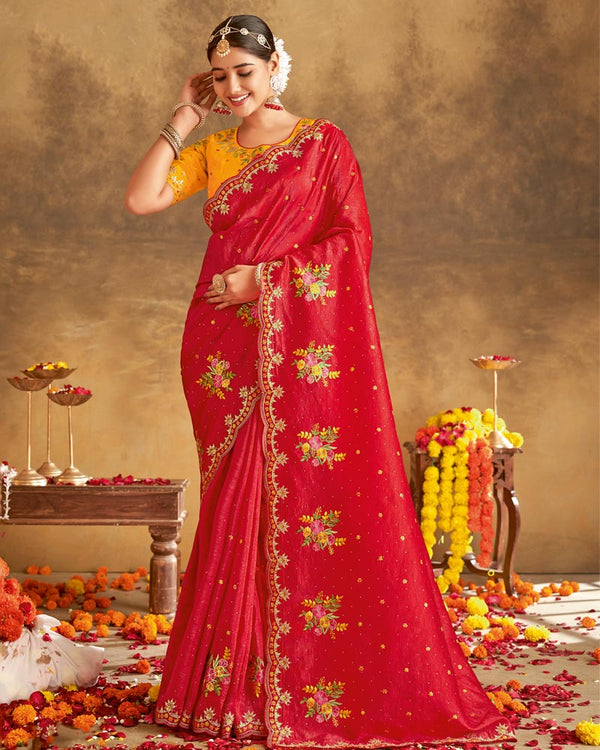 Vishal Prints Cherry Red Designer Crushed Tissue Saree With Embroidery-Diamond Work And Cut Work Border