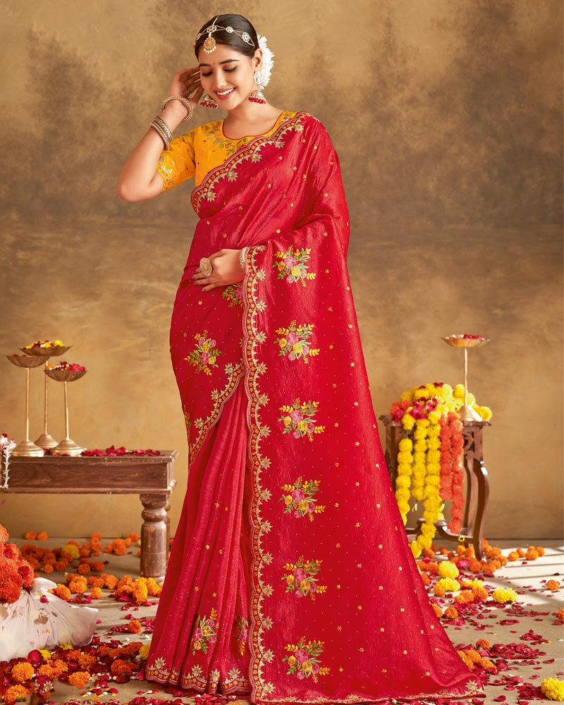 Vishal Prints Cherry Red Designer Crushed Tissue Saree With Embroidery-Diamond Work And Cut Work Border