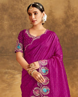 Vishal Prints Violet Designer Crushed Tissue Saree With Embroidery-Diamond Work And Cut Work Border