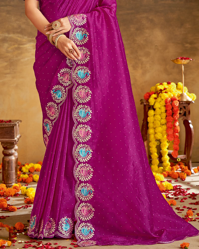 Vishal Prints Violet Designer Crushed Tissue Saree With Embroidery-Diamond Work And Cut Work Border