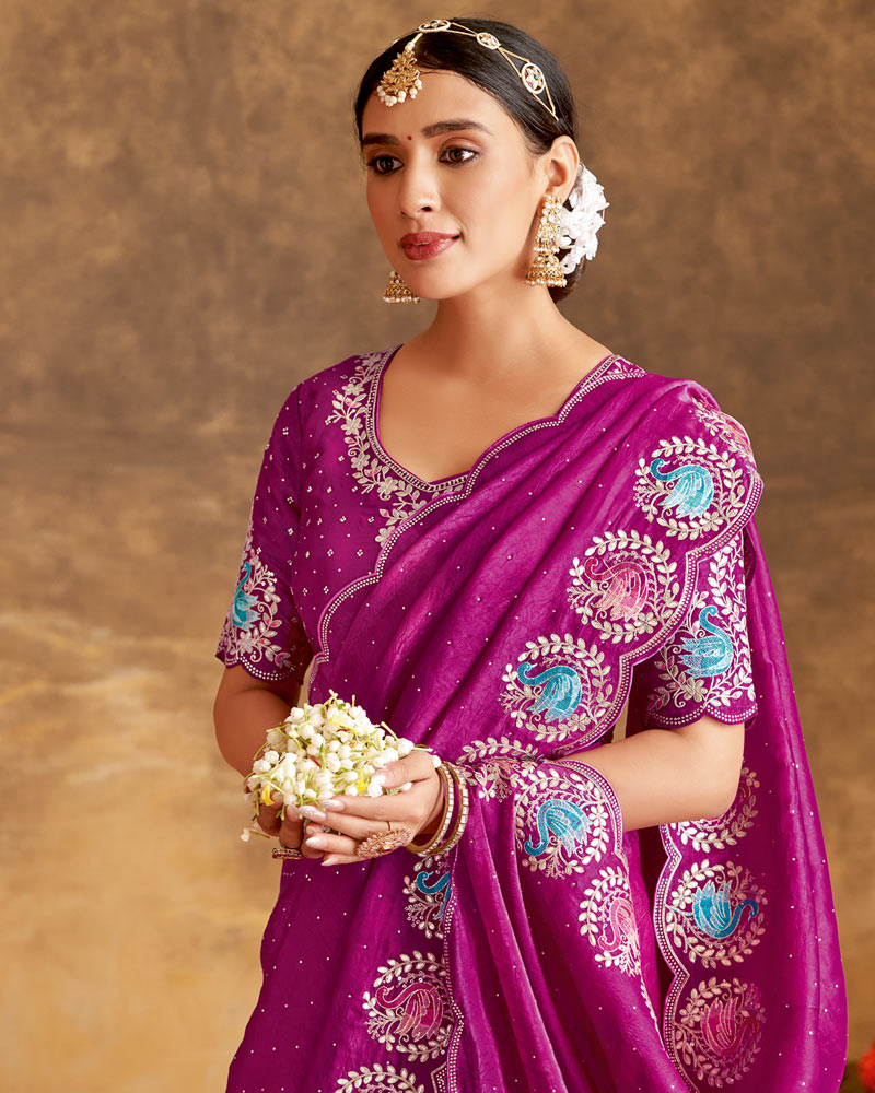 Vishal Prints Violet Designer Crushed Tissue Saree With Embroidery-Diamond Work And Cut Work Border