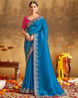 Vishal Prints Sapphire Blue Designer Crushed Tissue Saree With Embroidery-Diamond Work And Core Piping