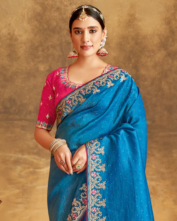 Vishal Prints Sapphire Blue Designer Crushed Tissue Saree With Embroidery-Diamond Work And Core Piping