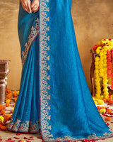 Vishal Prints Sapphire Blue Designer Crushed Tissue Saree With Embroidery-Diamond Work And Core Piping