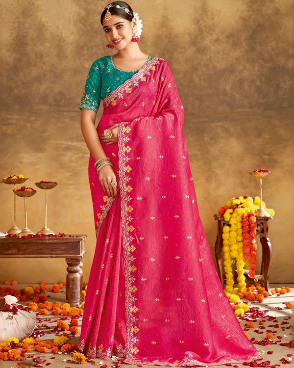 Vishal Prints Strawberry Pink Designer Crushed Tissue Saree With Embroidery-Diamond Work And Cut Work Border