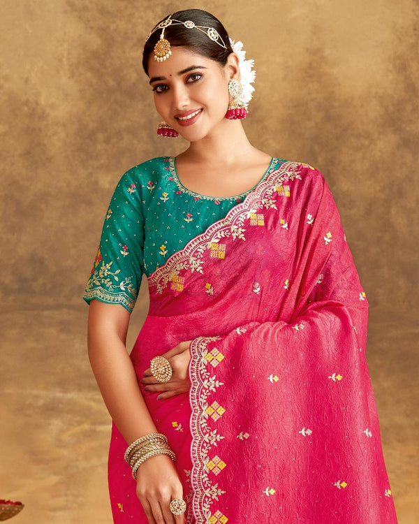 Vishal Prints Strawberry Pink Designer Crushed Tissue Saree With Embroidery-Diamond Work And Cut Work Border