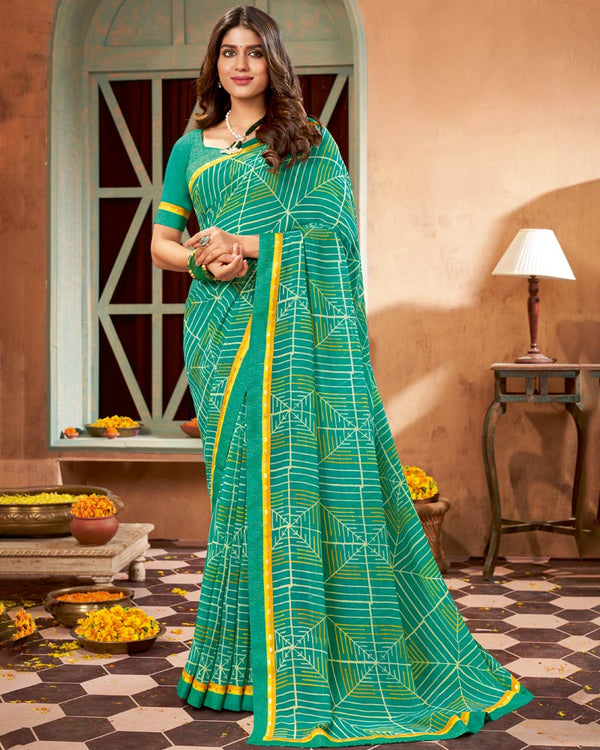 Vishal Prints Aqua Green Printed Georgette Saree With Border