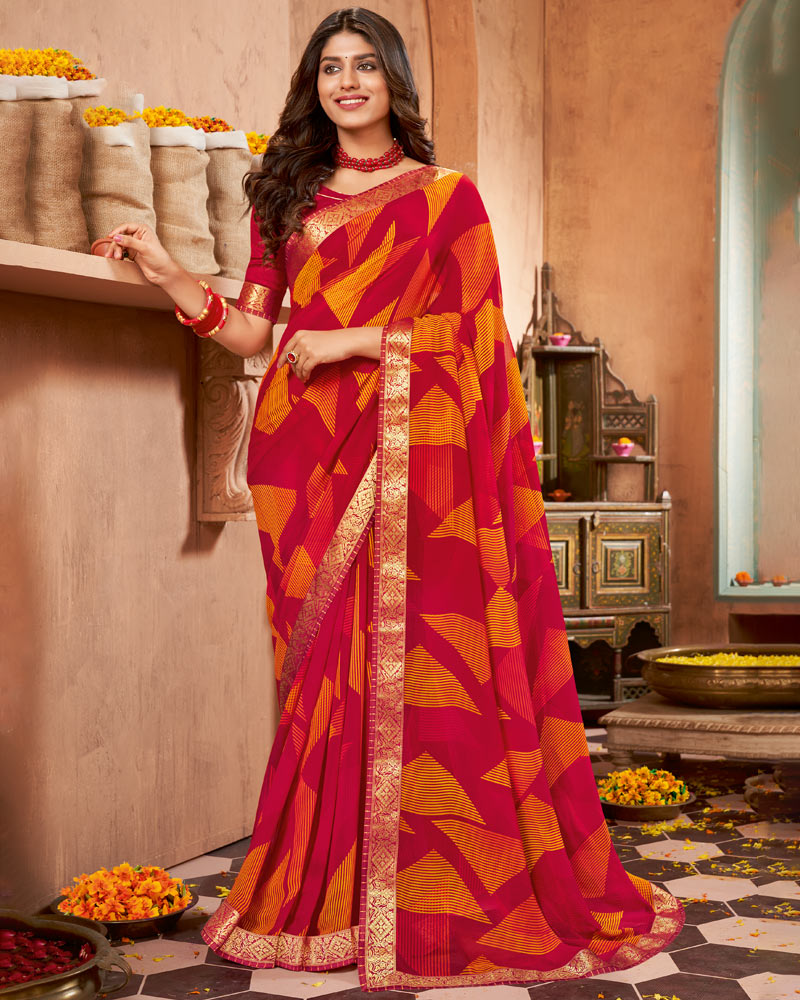 Vishal Prints Cherry Red Printed Georgette Saree With Border