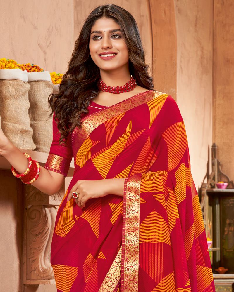 Vishal Prints Cherry Red Printed Georgette Saree With Border