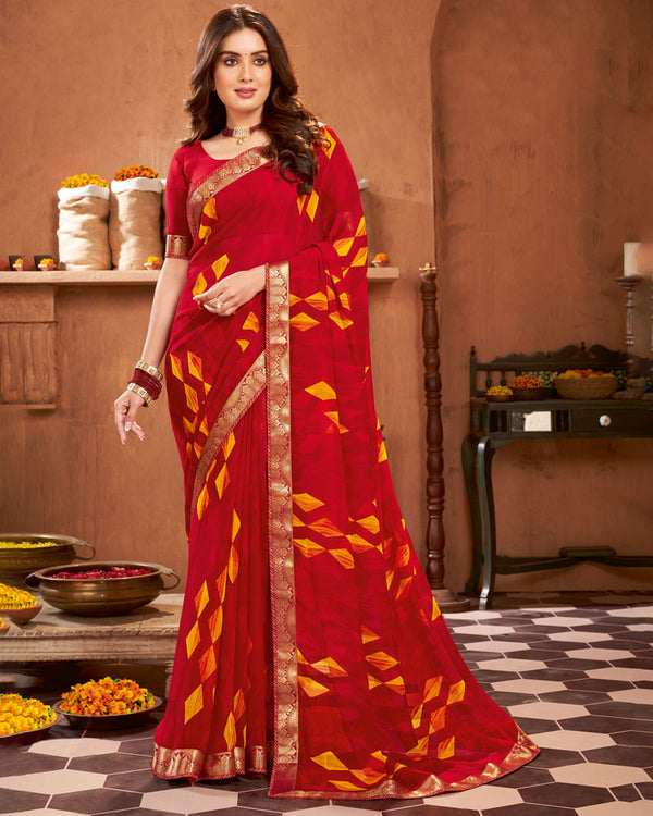 Vishal Prints Cherry Red Printed Georgette Saree With Border